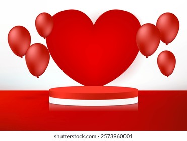 Red background vector 3d with Heart, balloons and podium. Happy Valentine's Day banner. Product display presentation. Space for selling products, backdrop, wallpaper, background, text.