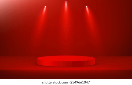 Vetor de fundo vermelho 3d com pódio. Moderna maquete de exposição de produtos para Showroom Showcase. Quarto vazio com efeito de holofote. Ilustração vetorial.