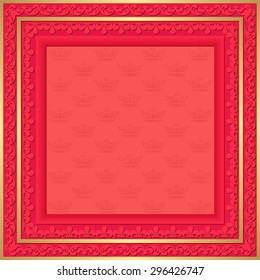 red background with vintage frame and crowns pattern