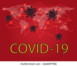 Red Background: Viruses (COVID-19) outbreak crisis concept with world map for your design 