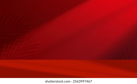 Red Background wall kitchen with palm leaves shadow,light from window effect on empty floor for Chinese New Year product present,Vector 3d Studio Room with summer sunlight reflection on podium display