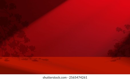 Red Background wall room with Cherry blossom branches shadow, light effect on empty floor for Chinese New Year product present,Vector 3d Studio Room with summer sunlight reflection on podium display