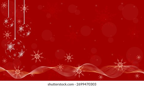 roter Hintergrund Tapete mit wellenförmigen Linien funkelnden Schneeflocken und Weihnachtsbällen dekoriert