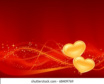 Red background with wavy pattern, dots, stars and two golden hearts in the lower third. Great for your romantic designs, or for Valentines day.