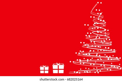 Red background with white abstract tree and gift boxes.