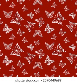 Red background with white butterflies.Vector seamless pattern with white outline butterflies on a red background.