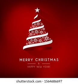 Red background with a white Christmas tree.	
