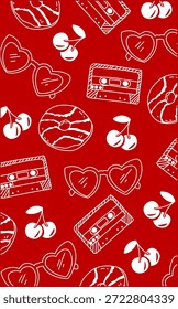 Un fondo rojo con garabatos blancos de donut, corazones, gafas de sol y un cassette. Decoración retro