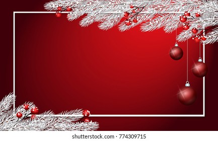 Red background with white fir branches, holly berries, Christmas balls and snow. Festive cute New Year Greeting Card. Traditional winter season holiday banner template. Merry Christmas
