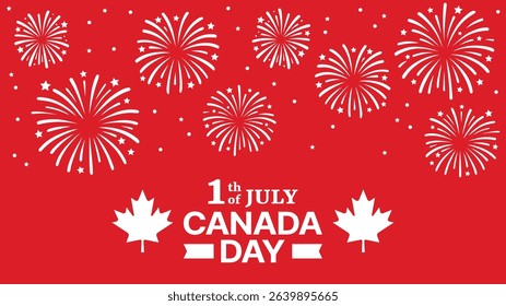 Red background with white fireworks and text for the 1st of July Canada Day celebration. Commemorative event greeting card. Vector graphics.