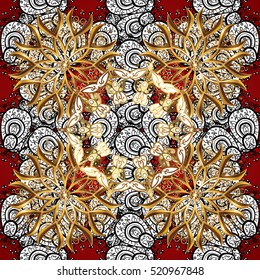 Red background with white and golden element. Vector. Seamless pattern.