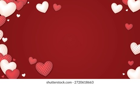 Fondo rojo con globos de corazón rojo y blanco varios diseños flotando alrededor de la ilustración gráfica tienen espacio en blanco. Feliz día de San Valentín tarjeta de felicitación Plantilla Horizontal.