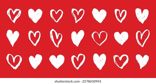 Red background with white hearts. Hand-drawn hearts create a playful pattern. Hearts repeat in rows, adding charm. White hearts on red, perfect for love themes. Cute hand drawn Valentine's Day vector.