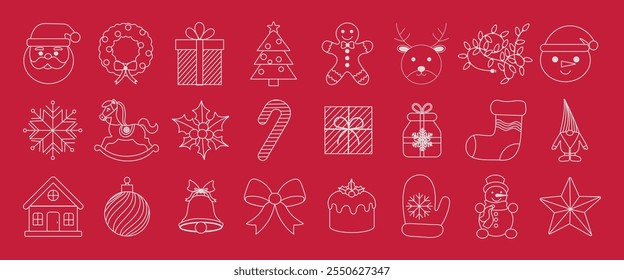 A red background with a white line drawing of a variety of Christmas symbols. The symbols include a Santa Claus, a reindeer, a Christmas tree, a gingerbread man, a candy cane, a snowman, a house