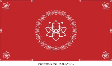Red background with white lotus flower design and decorative border