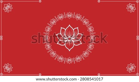 Red background with white lotus flower design and decorative border