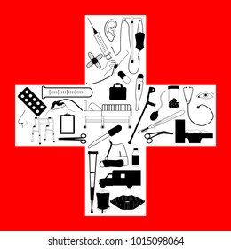 Red background and white plus sign with many medical tools and equipment inside it. Vector EPS 8.