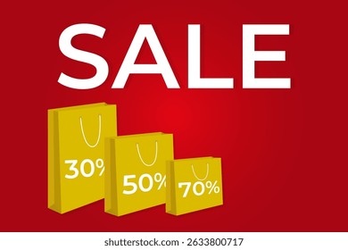 Red background with a white "SALE" text and images of three yellow shopping bags indicating discounts of 30%, 50%, and 70%. Suitable for sales and advertising themes.