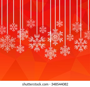 Red  background with white snowflakes. Abstract triangle geometrical background. Christmas greeting card. EPS-10 and hi-res jpg. 
