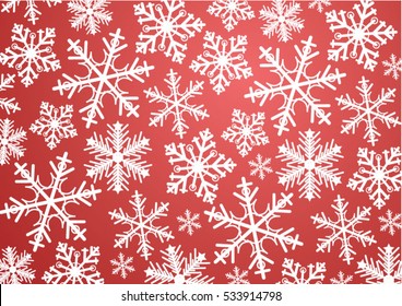 Red Background with white snowflakes. Christmas pattern with a lot of snowflakes