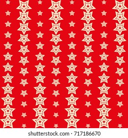 Red background with white stars on it. For decoration of fabrics, packing paper, holidays, backgrounds, decorations.