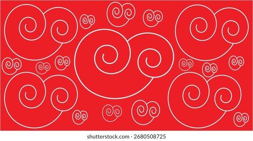Red background with white swirling cloud-like patterns.