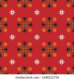 Red Background and white yellow flowers geometrical vector seamless pattern