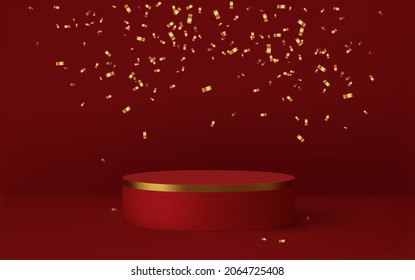 Red background wiht podium and confetti . 3d render mock up for product presentation, vector illustration