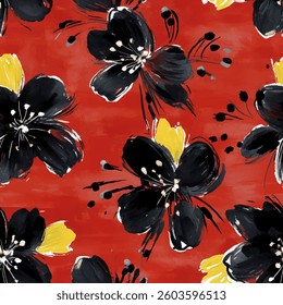 Red background with yellow and black flowers,  watercolor flower seamless pattern. Watercolor print in rustic vintage style, textile or wallpaper.  