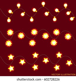 Red background with yellow christmas lights. Vector illustration.