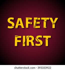 Red background with yellow title Safety First. Health care vector promotional billboard.