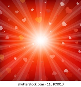 Red Backgrounds With Beams And Hearts, Vector Illustration