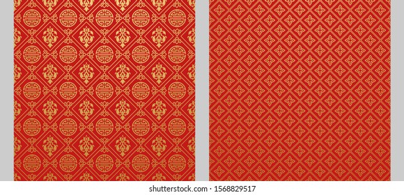 Red backgrounds. Two wallpapers in Chinese and Japanese style. Vector illustration.