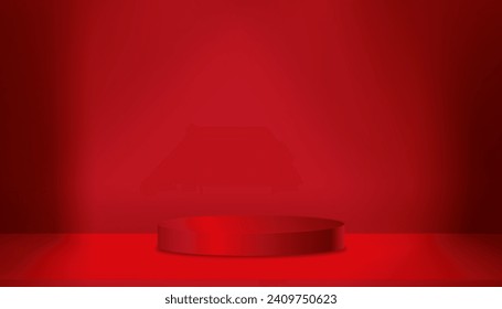 Red Background,Studio Room with light,shadow window reflection on wall,Empty Room display with Podium for Valentine product placement on website,Banner for Christmas,Chinese New Year