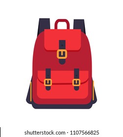 Red backpack with black slings colorful banner isolated on white vector illustration, pretty things container with golden clips, stuff storage pattern