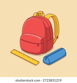 A red backpack with a blue pencil case and a yellow ruler on a beige background