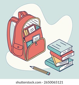 A red backpack with books, folders, and a pencil, suggesting school, education, and learning in a simple illustration style.