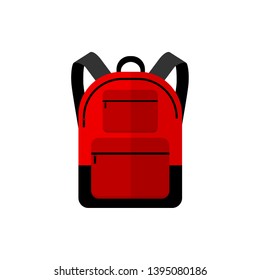 Red backpack flat vector illustration with 2 straps and handle
