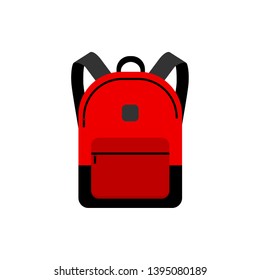 Red backpack flat vector illustration with 2 straps and handle