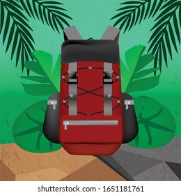 red backpack with jungle background tropicals leaves