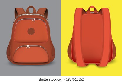 Red Backpack Mockup Set, Vector Isolated Illustration. 3d Realistic School Bag, Rucksack With Zipper, Handle, Straps, Front And Back View.