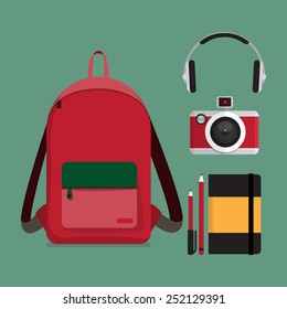 Red backpack with multiple items. Flat style illustration.