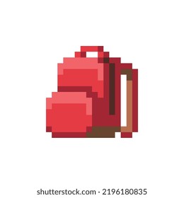 Red backpack pixel art abstract icon. Flat style. 8-bit. Isolated vector illustration.