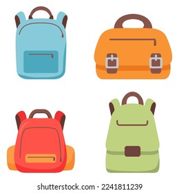 Red backpack schoolbag.School green backpack with clasps. Vector flat illustration.Back to school.Education concept.Kids rucksack.Isolated on white background.