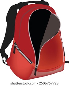 Mochila roja de pie abierta que muestra el interior vacío