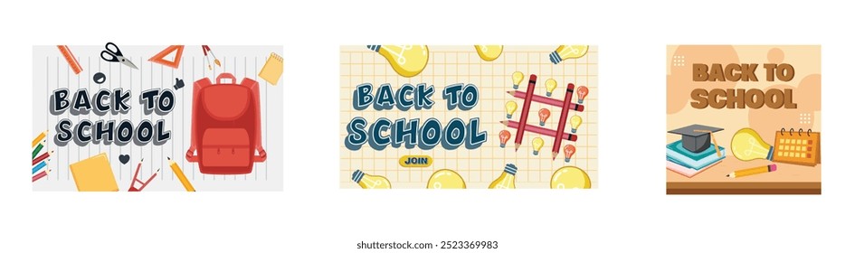 Red backpack, stationery. Back to school template with tic tac toe game. Promo poster with place for text. Set flat vector modern illustration 