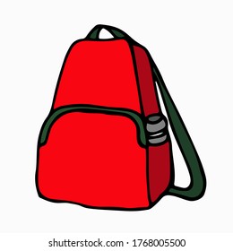 Red backpack of the traveler. Attribute for camping and camping