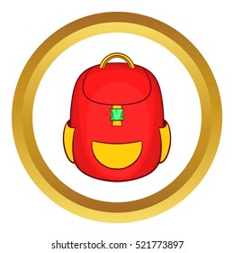 Red backpack vector icon in golden circle, cartoon style isolated on white background