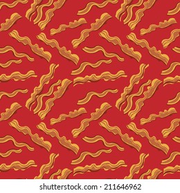 Red bacon vector textile print food seamless pattern. Red background with bacon. Bacon illustration. Seamless image with bacon.