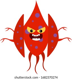 red bacterium angry cartoon character with orange eyes and grin evil microorganism concept object on a white background